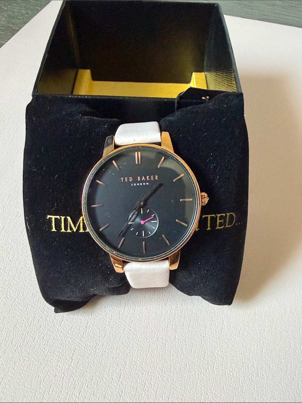 Ted Baker Gold-Tone Case Watch with Black Dial and White Strap - Picture 2 of 4